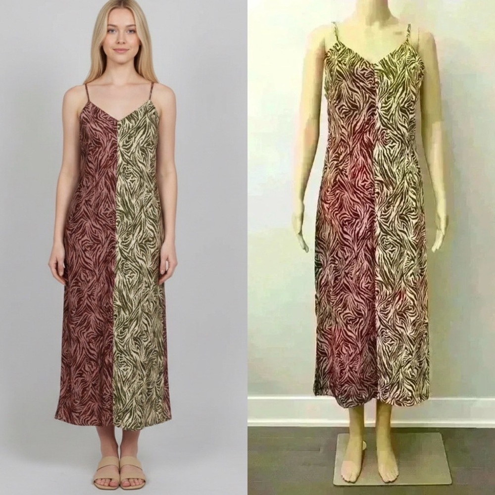 Two tones Animal prints adjustable spaghetti straps V-neck cami midi-maxi dress
